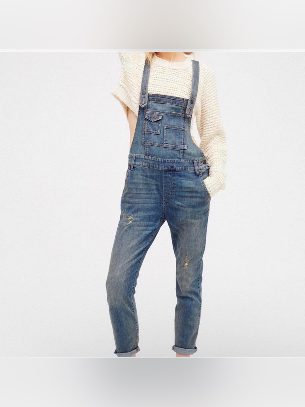 Free People Denim Overalls Medium Wash Distressed Slim Fit Size 25